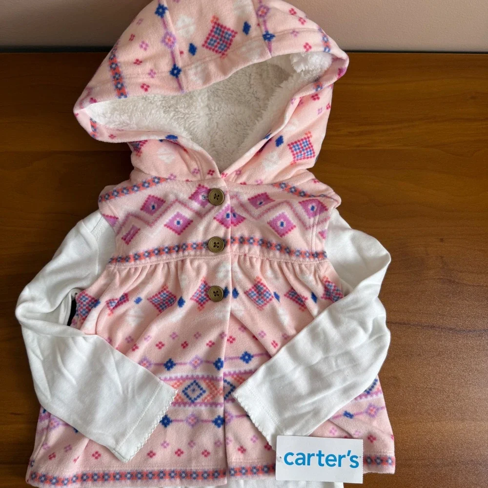 SALE Carter's Baby Girls 18m Pink Geometric Fleece Hooded Vest Bodysuit 2 Piece‎